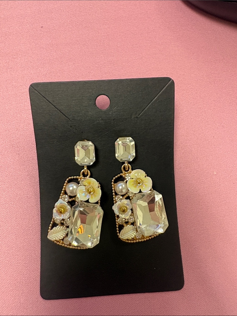 Fashion Jewelry Gold-Tone Crystal & Pearl Floral Drop Earrings